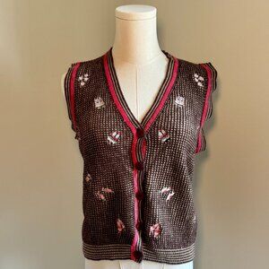 Vintage Hand Loomed Brown and Pink Embroidered Unique Buttoned Vest
